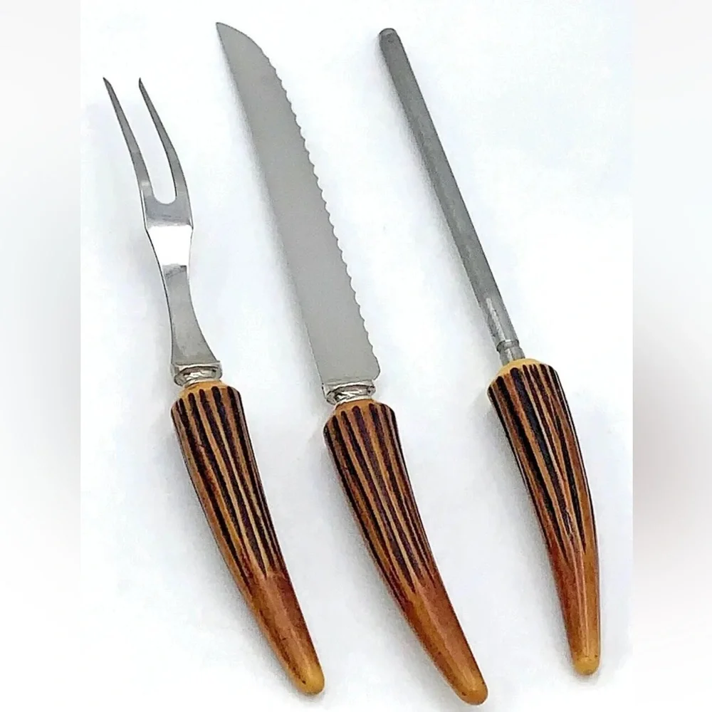 Vintage Carving Set Faux Antler E Parker & Sons Sheffield Stainless Blades 3 Pc